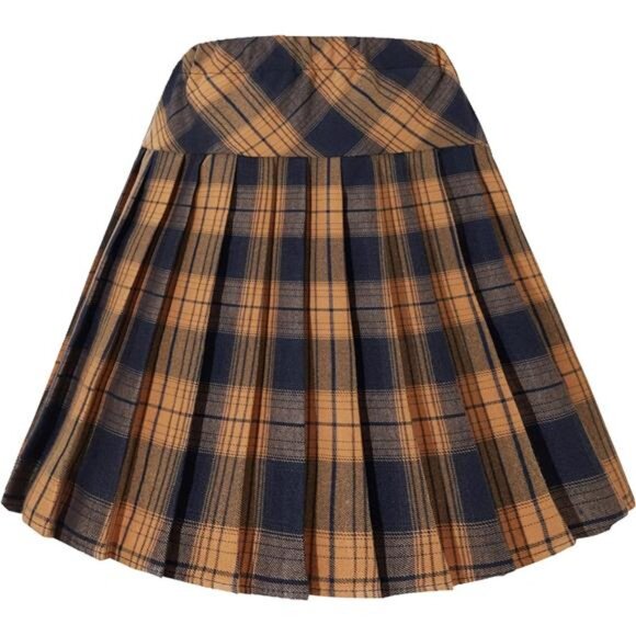 Women's Elastic Waist Tartan Pleated School Skirt Brown and Black - Picture 2 of 6